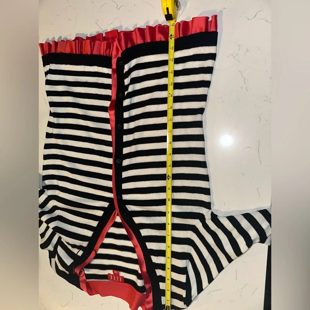 ELLE Black and White Striped w Red ruffle Button Up Cardigan Sweater Women’s L - Picture 6 of 6